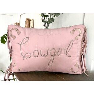 American West Home Pink Leather Fringe Pillow Cowgirl Country Home Decor